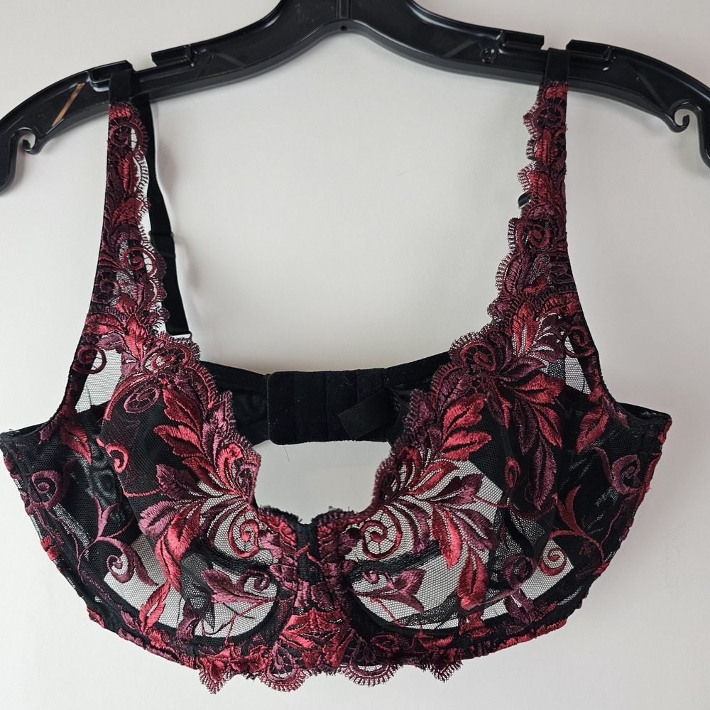 Soma Sensuous Sides Unlined Bra‎ 34D Sheer Lace Black Red Feminine Sexy
